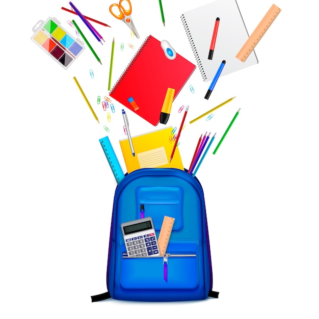 Free Vector school backpack with colourful stationery flying out