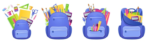 School bag with studying supplies and stationery inside backpack