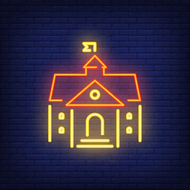 School building neon sign. Modern bright school building exterior with flap on roof