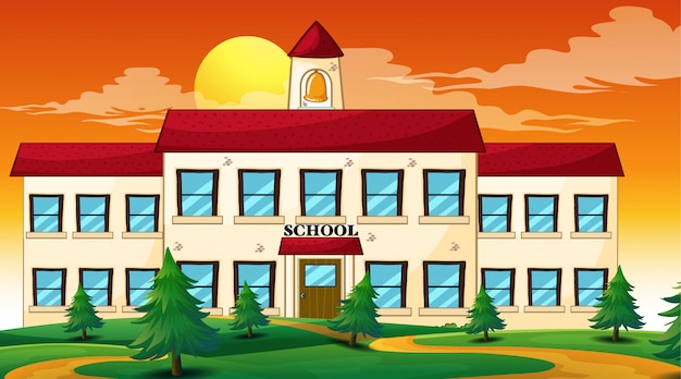 School building sunset scene