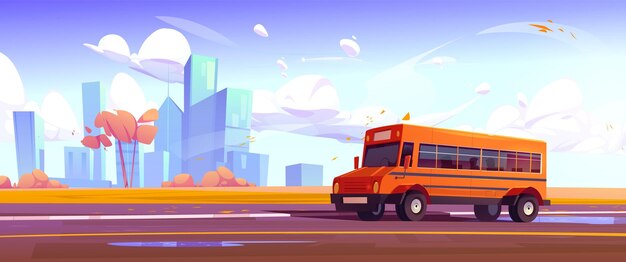 School bus on autumn city street illustration