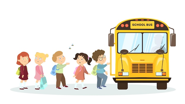 Free Vector school bus and children isolated cartoon character on white background