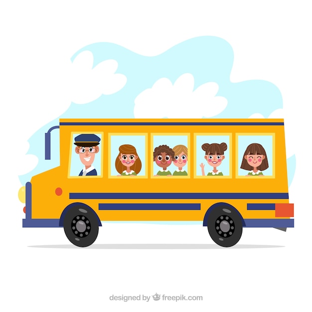 School bus and children with flat design