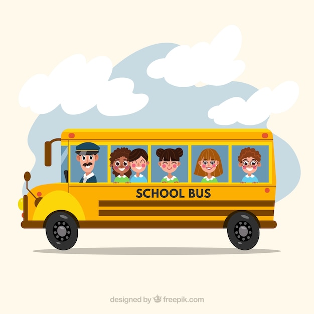 School bus and children with flat design