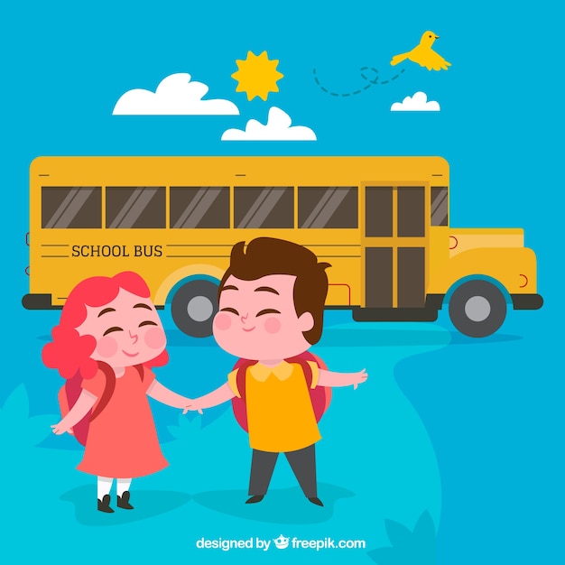 School bus and children with flat design