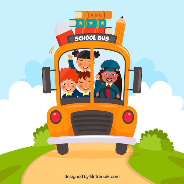 School bus and children with flat design