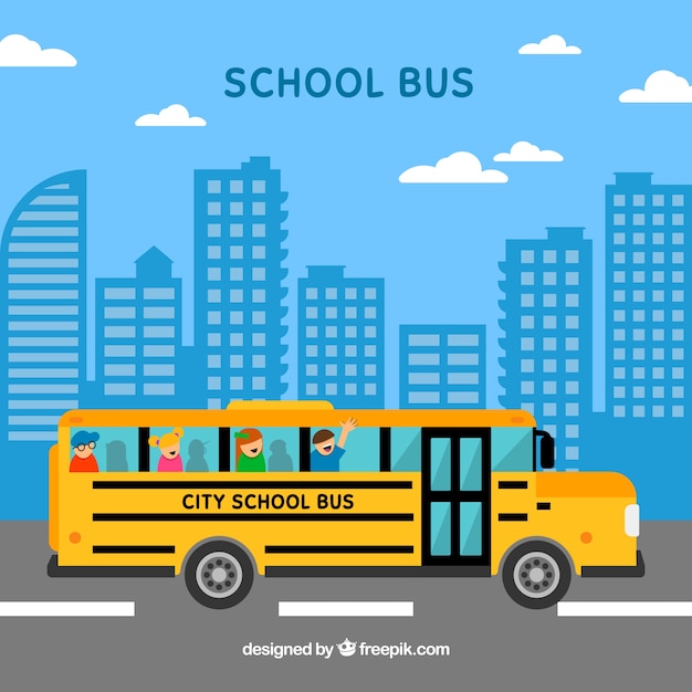 School bus and children with flat design