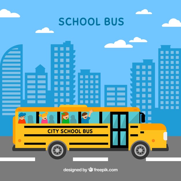 School bus and children with flat design