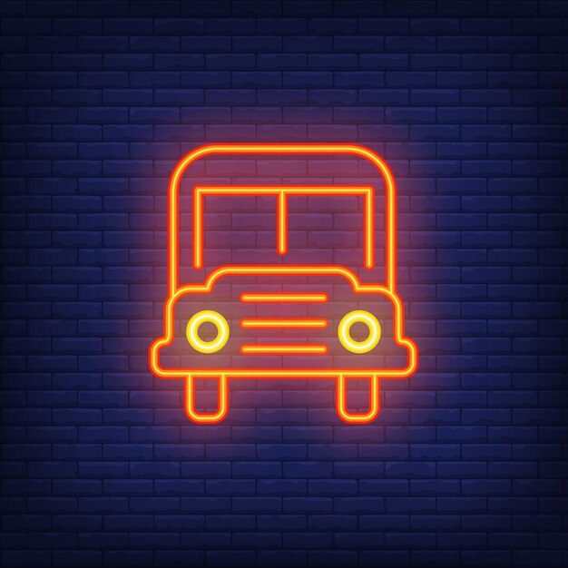 School bus neon sign. Modern orange school bus with headlights. 