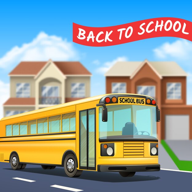 School bus on street with back to school title road and houses realistic 