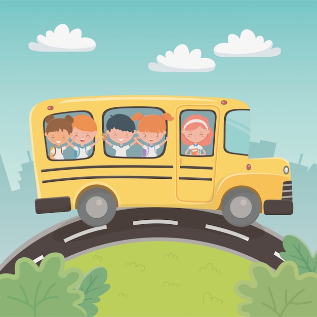 Free vector school bus transport with group of kids in the landscape