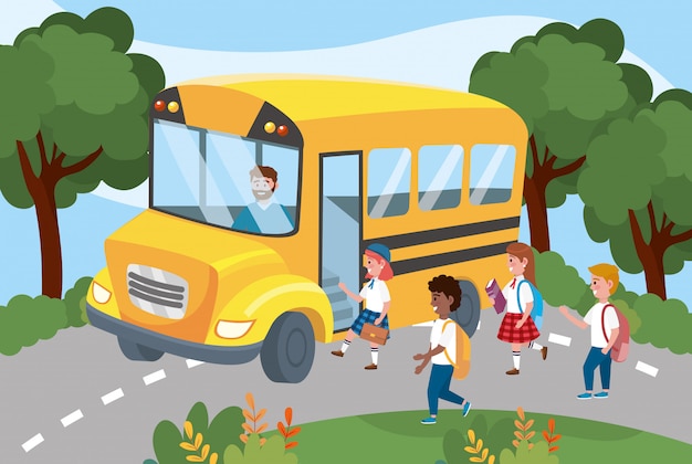 School bus with girls and boys students with backpack