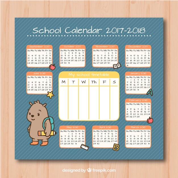 School calendar with cute little teddy bear