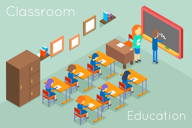 School classroom education isometric concept  . Classroom interior for lesson, illustration classroom with teacher and students