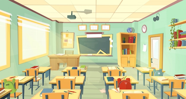 Free Vector school classroom interior. university, educational concept, blackboard, table