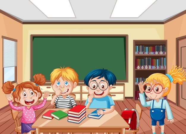 Free Vector school classroom scene with happy students cartoon character