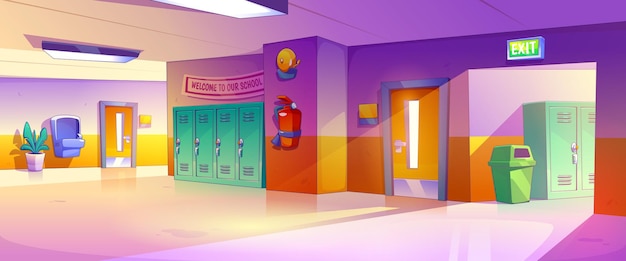 Free Vector school corridor with lockers and classroom doors