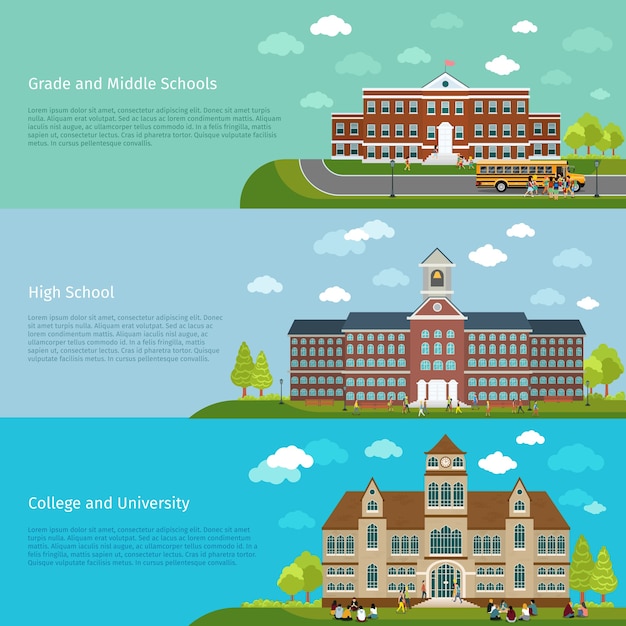 Free Vector school education, high school and university study banners. student and campus, graduation and architecture construction building, 