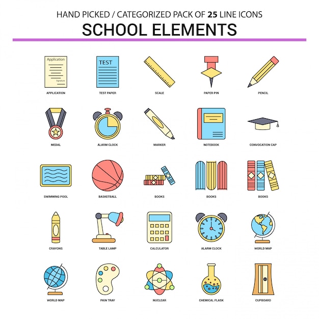 School Elements Flat Line Icon Set