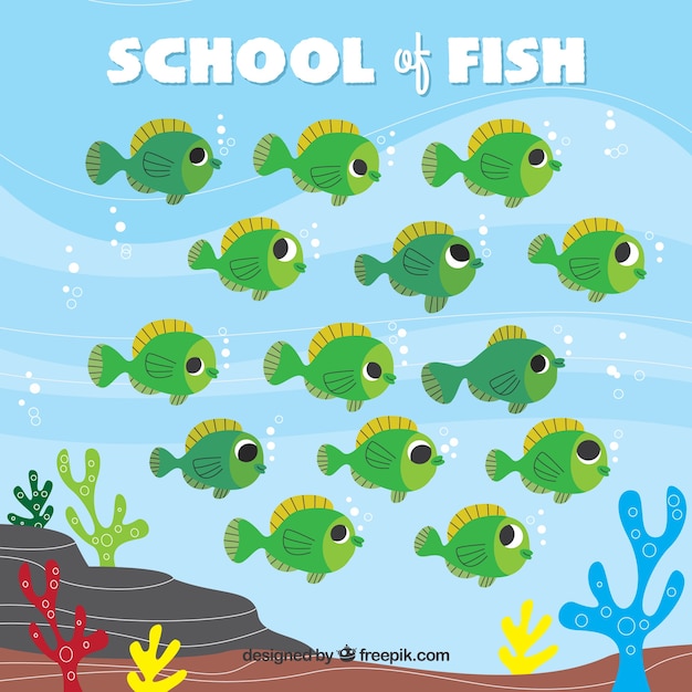 Free vector school of fishes background with deep sea in flat style