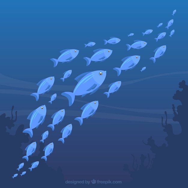 Free Vector school of fishes background with deep sea in flat style