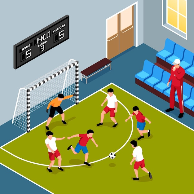 Free Vector school football team during match in gym 3d isometric vector illustration