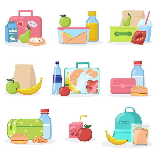 School lunchboxes with snacks flat icon set