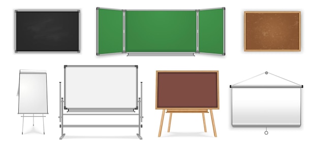 Free Vector school office boards realistic set with isolated images of empty blackboards chalkboards and easels for pen vector illustration