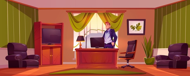 Free Vector school principal office room with desk cartoon vector background man boss character on luxury workplace with tv cupboard table and computer young businessman in wooden corporate workspace