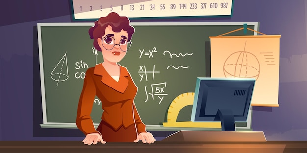 Free vector school teacher stand in classroom at blackboard