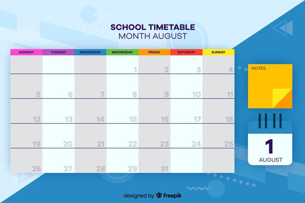 School timetable for children, weekly planner