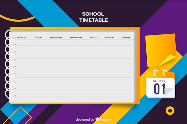 School timetable for children, weekly planner