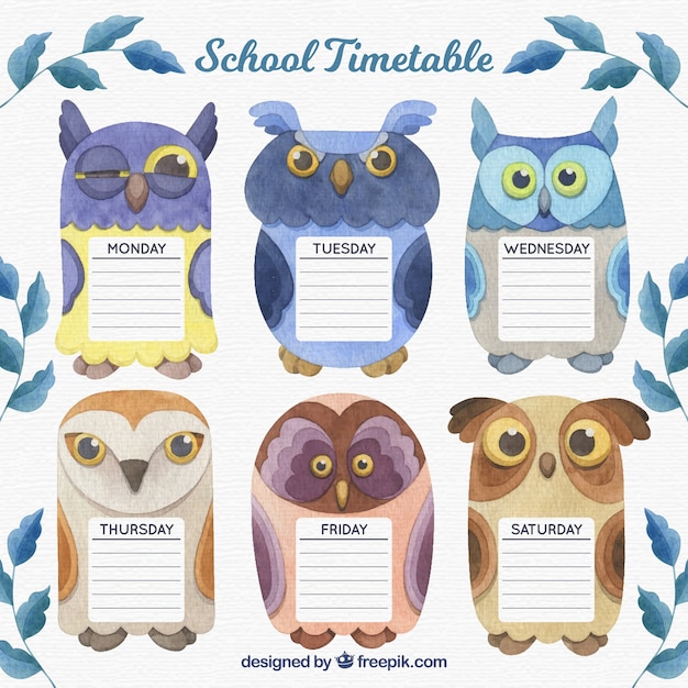 Free Vector school timetable template with watercolor owls