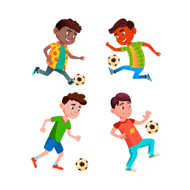 Schoolboys Playing Soccer Sport Game Set Vector