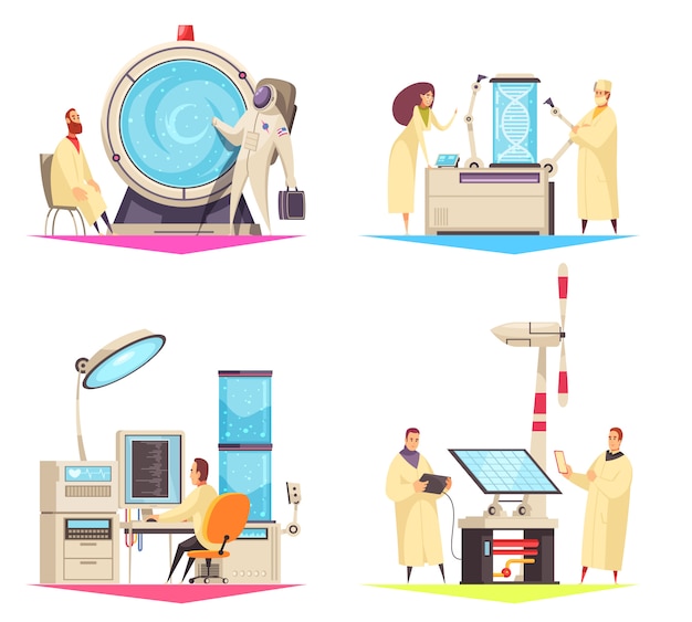 Free Vector science 2x2 design concept of research in field of biotechnology medical robots and green energy flat  illustration