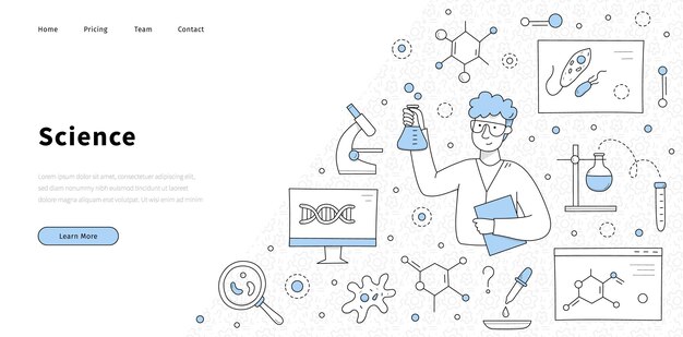 Science banner with man scientist in laboratory