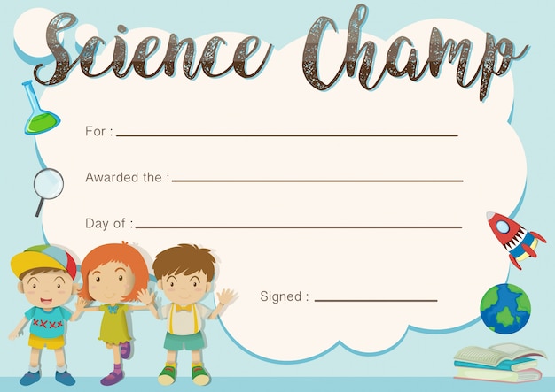 Science champ award template with kids in background