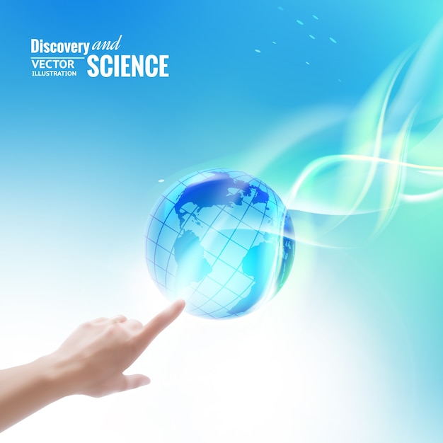 Science concept image of human hand touching earth globe.