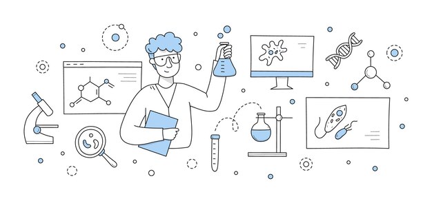 Science doodle concept chemist holding beaker