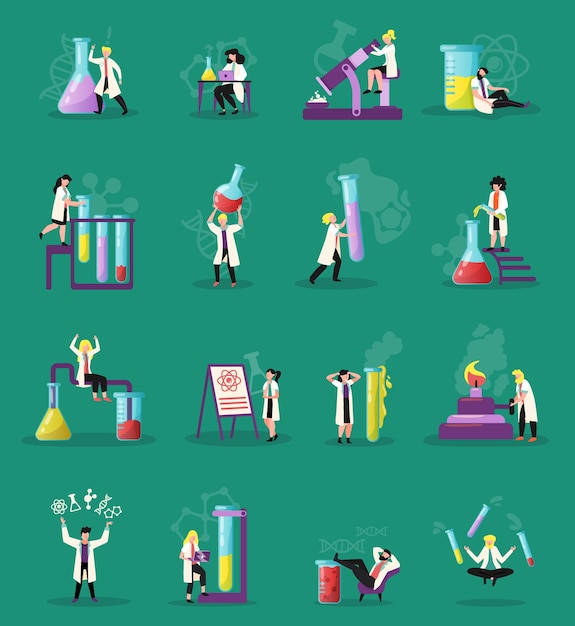 Free Vector science lab 16 lab research funny symbols flat icons set with retorts test tubes  microscope vector illustration