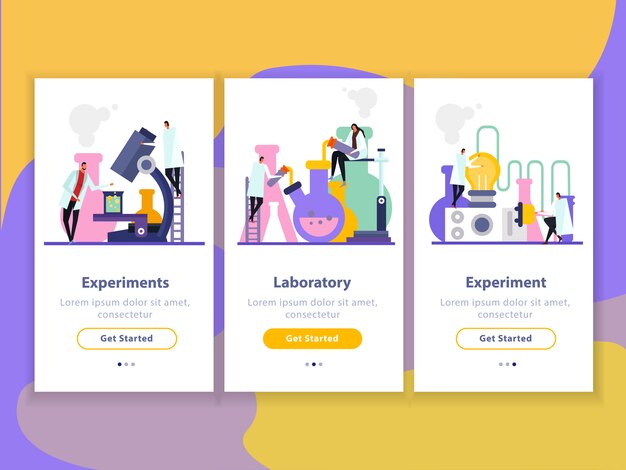 Science lab flat vertical banners with human characters during experiments, researches and innovation