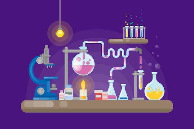 Science laboratory on purple background Tubes and lamps