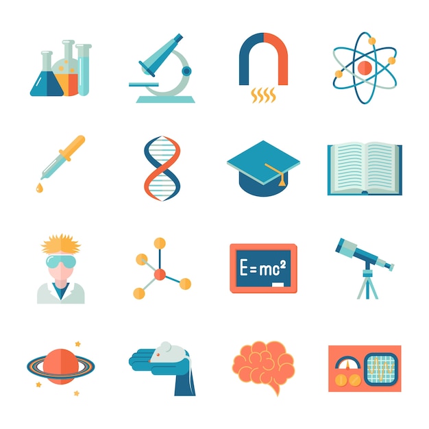 Science and research icon flat set with microscope tube atom isolated vector illustration