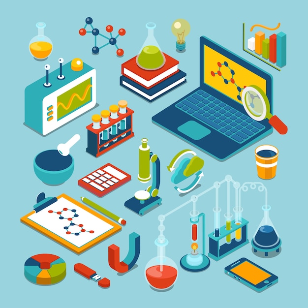 Science research lab technology objects icon set