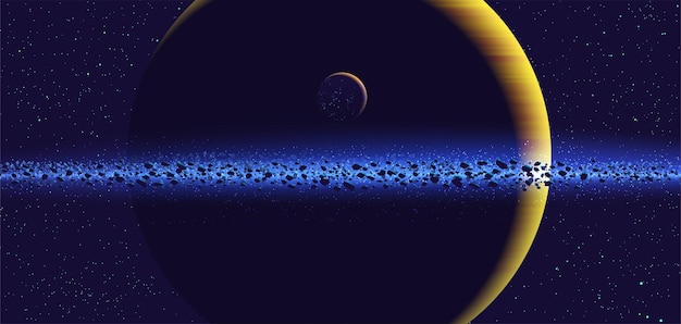 Science vector illustration of a giant ring planet with its orbiting habitable moon