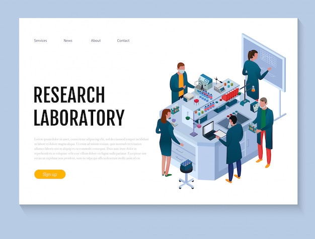 Scientific chemical laboratory with staff and research equipment isometric web banner on white