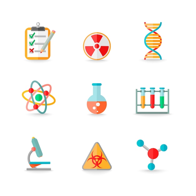 Scientific chemistry laboratory equipment of retort glass atom dna symbols icons set isolated vector illustration