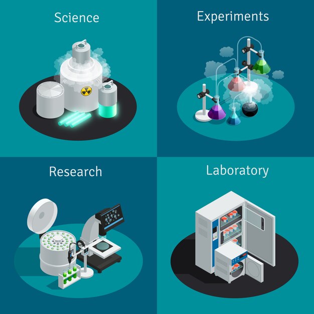 Scientific laboratory 2x2 isometric concept with substance for experiment and equipment for research