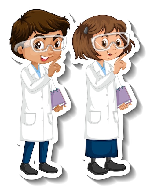 Scientist couple kids cartoon character sticker