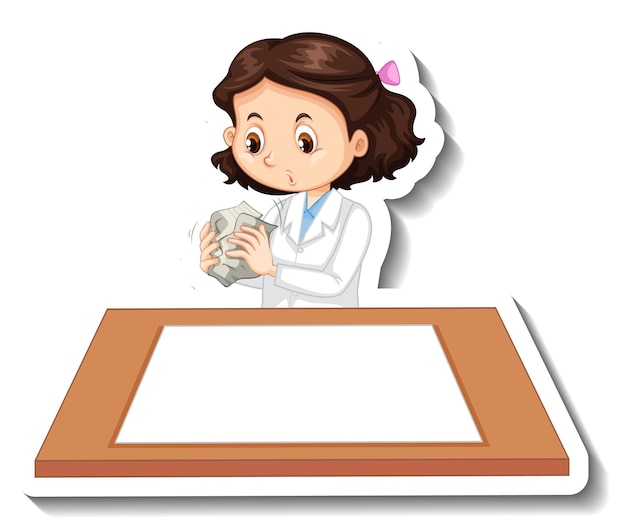 Scientist girl cartoon character with blank table